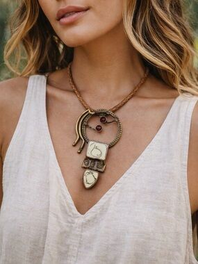 Boho Mixed Metal Pendant Necklace Leather Cord Artisan Statement 15”